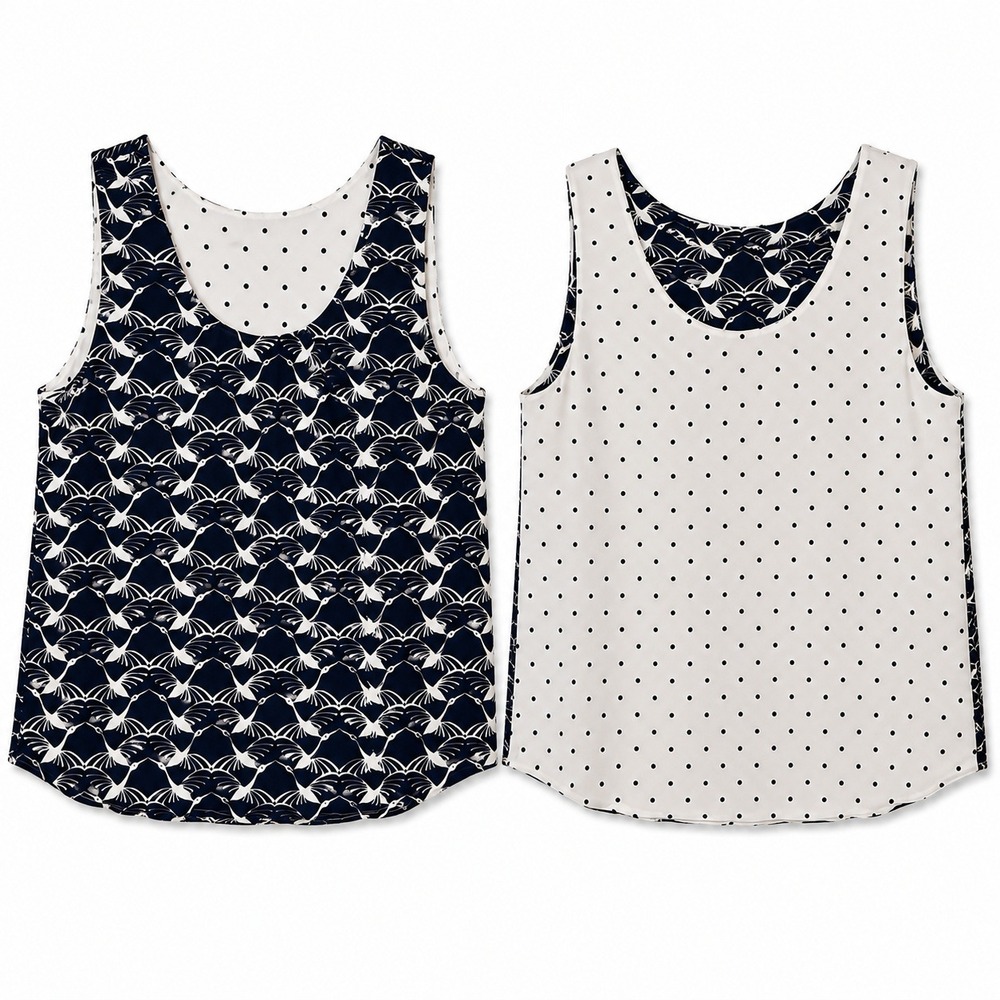 Chico's Reversible Tank Top Navy Blue White Crane Bird Polka Dot sz M Retro